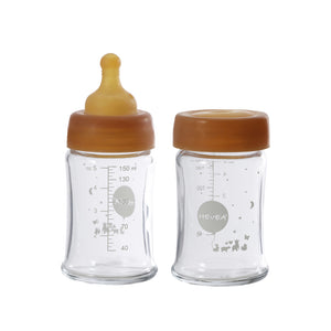 HEVEA Babyfläschchen aus Glas / weiter Hals (150 ml) + Trinksauger u. Schutzkappe - Naturkautschuk / 2er Pack