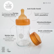 Laden Sie das Bild in den Galerie-Viewer, HEVEA Babyfläschchen aus Glas / weiter Hals (150 ml) + Trinksauger u. Schutzkappe - Naturkautschuk / 2er Pack
